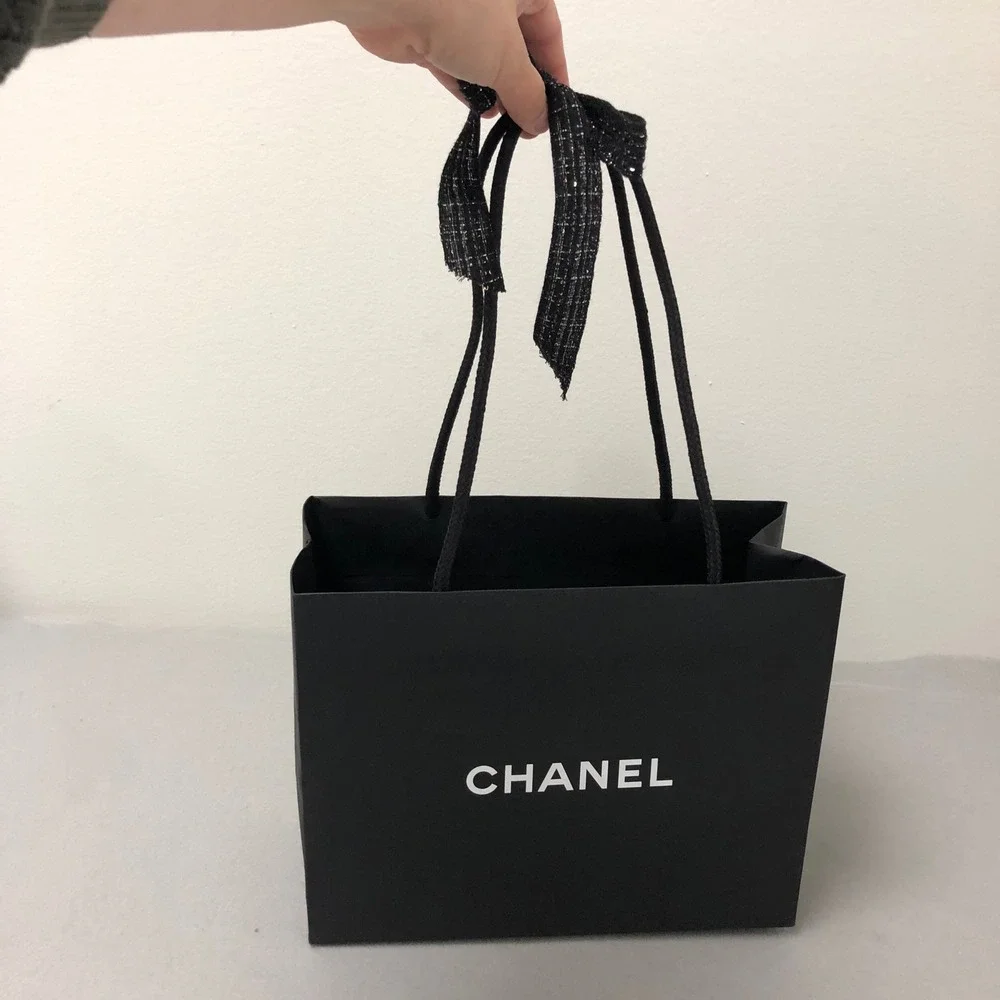 Chanel Gift Box Shopping Bag Gift Set 9.5x9.5x1 Black Logo Tweed Ribbon